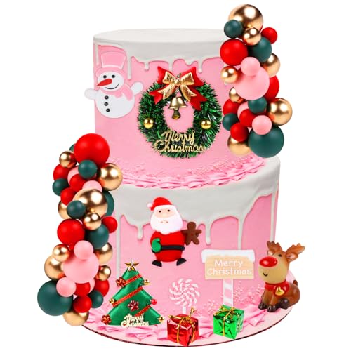 Cheereveal Rosa Grün Rot Gold Weihnachtskugeln Dekorationen für Kuchen, Weihnachtsmann Schneemann Hirsch Baum Geschenk Box Kuchen Figuren Ornamente für Weihnachten Winter Urlaub Party Zubehör von Cheereveal