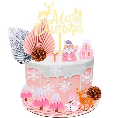 Cheereveal Rosa Weihnachten Kuchen Dekorationen Set, Weihnachtsmann Schneemann Hirsch Geschenk Box Kuchen Figuren Schneeflocke Cupcake Topper für Weihnachten Winter Urlaub Party Zubehör von Cheereveal