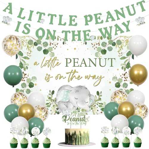 Cheereveal Salbeigrüner Elefant Babyparty-Dekorationen, "A Little Peanut is on the Way", Banner Hintergrund, grüner Elefant, Kuchendekoration, Luftballons, von Cheereveal