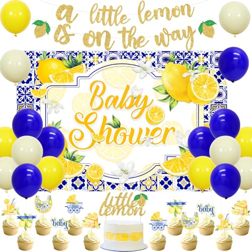 Cheereveal Zitrone Thema Baby Shower Dekoration Kit, Eine kleine Zitrone ist auf dem Weg Banner Blaue Fliese und Zitronenballon für Schwangerschaft Feier Obst Geschlecht Enthüllung Party von Cheereveal