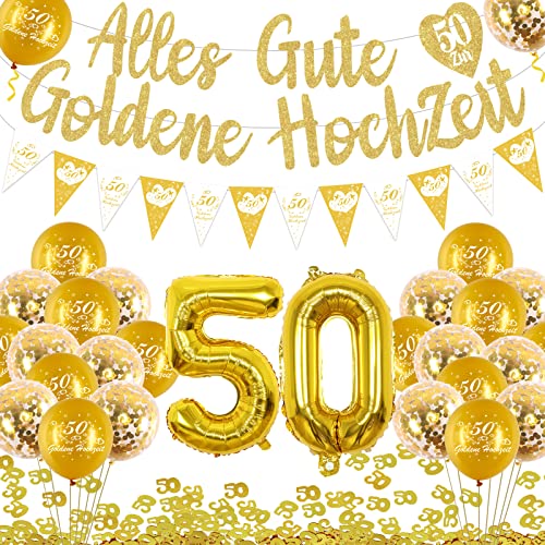 Cheereveal Goldene Hochzeit Deko Set, 50. Goldene Hochzeit Luftballons, Alles Gute Goldene Hochzeit Banner, Goldene Hochzeit girlande, Gold 50 Konfetti für Jubiläum Hochzeit, 50 Goldene Hochzeit Deko von Cheereveal