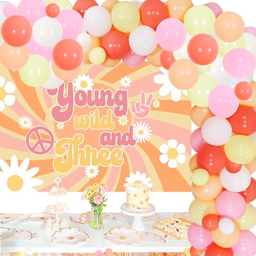 Groovy Party-Dekorationen zum 3. Geburtstag, junge und wilde Dekorationen mit Hintergrund, Retro, Hippie, Boho, Gänseblümchen, Blume, 3. Geburtstag, Ballongirlande, Kit von Cheereveal