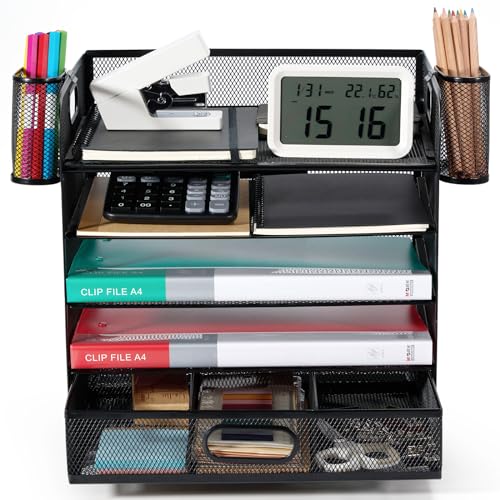 Schreibtisch Organizer，Desk Organizer，Ablage Schreibtisch，Briefablage 5-stöckiger Schreibtisch Organizer mit 2 Stifthalter, 2-Feilenregale aus Metall, Große Kapazität, Lösung aller Speicherprobleme von Cheerhom