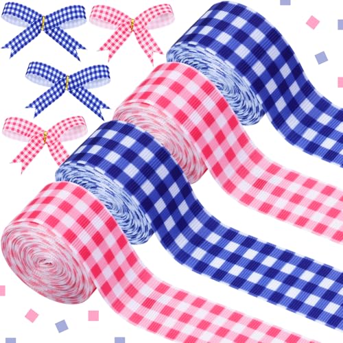 Cheerupp 4 Rollen Gingham-Themenbänder, kariert, Bastelbänder für Kranz, Haarschleifen, Geschenkverpackungen, Verpackung, rosa und blau, Ripsbänder, für Geburtstag, Hochzeit, Party, Zubehör, von Cheerupp