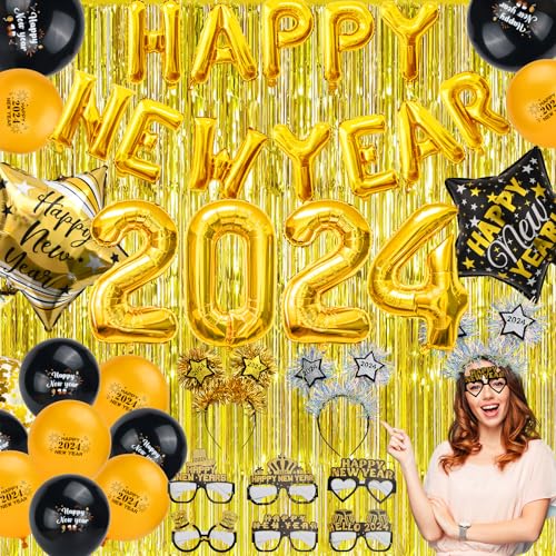 Cheloveer Silvester Deko 2024, Happy New Year 2024 Deko, Neujahr Deko, Happy New Year 2024 Banner Silvester Haarreif Stern Folienballon Happy New Year Brille Für Silvester Deko 2024 Party Set von Cheloveer