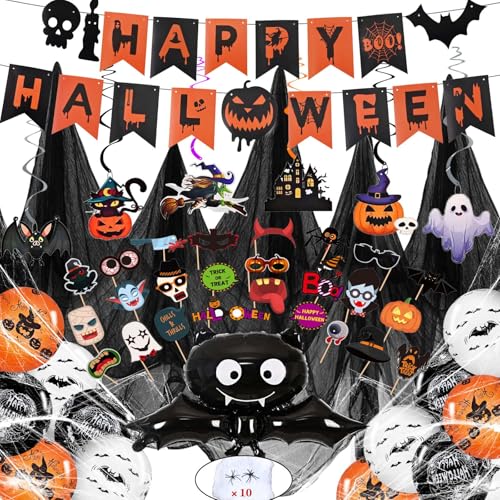 Cheloveer 63PCS Halloween Deko Set Halloween Girlande Spinnennetz Halloween Spirale Dekostoff Halloween Spinnen Foto-Requisiten Fledermaus Ballons Für Halloween Party Deko,Halloween Deko Innen Outdoor von Cheloveer