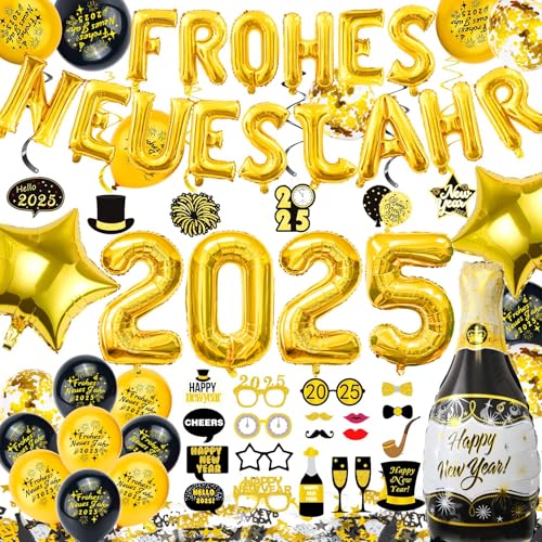 Cheloveer Silvester Deko 2025, Silvester Deko 2025 XXL, Happy New Year 2025 Deko, Neujahr Deko, Frohes neues Jahr Deko Banner, Weinflasche/Stern Folienballon Für Silvester Deko 2025 Party Set von Cheloveer