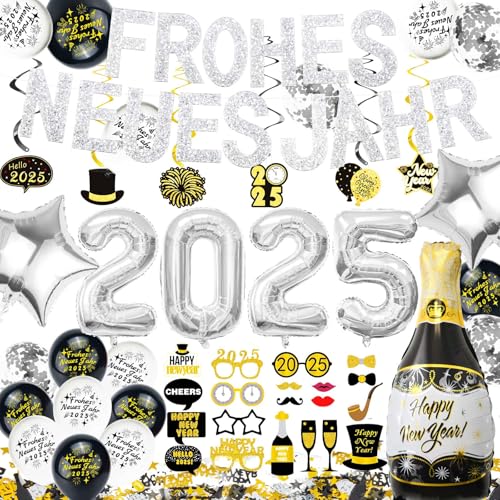 Cheloveer Silvester Deko 2025, Silvester Deko, Happy New Year 2025 Deko, Neujahr Deko, Frohes neues Jahr Deko Banner, Fotorequisiten, Weinflasche/Stern Folienballon Für Silvester Deko 2025 Party Set von Cheloveer