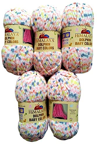 5 x 100 Gramm Strickwolle Himalaya Dolphin Baby Colours mehrfarbig, 500 Gramm Wolle super bulky (rosa grau lachs 80412) von Chenille