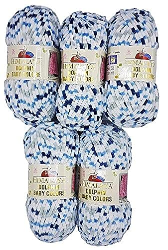 5 x 100 Gramm Strickwolle Himalaya Dolphin Baby Colours mehrfarbig, 500 Gramm Wolle super bulky (weiss blau dunkelblau 80411) von Chenille