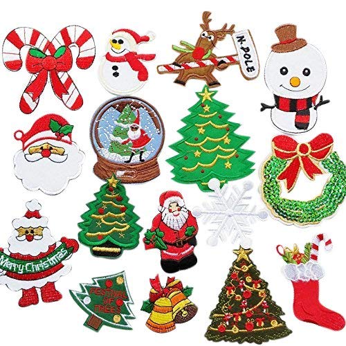 Chenkou Craft 16pcs Random Frohe Weihnachten Sew-on & Iron-on Patch Santa Baum Schneemann Bier Jingle Bell Claus gestickte Patche Appliques von Chenkou Craft