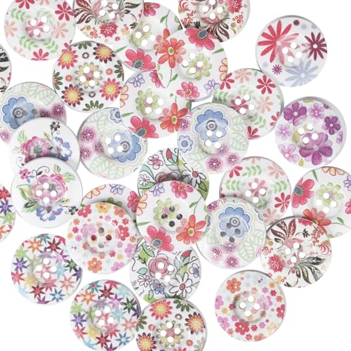 Chenkou Craft 40 Stück runde Blumen-Holzknöpfe mit 4 Löchern, 25 mm (25 mm) (25 mm) von Chenkou Craft