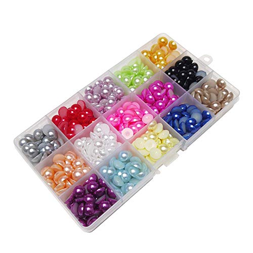 Chenkou Craft 600 Stück 10 mm sortierte 15 Farben Immitations-Halbperlen mit flacher Rückseite Edelstein für Sammelalben, Basteln, DIY Perlen + Kunststoff-Box (Mix, 10 mm) von Chenkou Craft