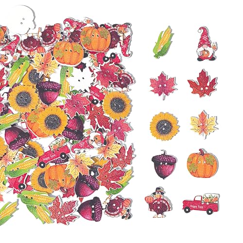 Chenkou Craft Holzknöpfe mit Gänseblümchen, Sonnenblume, Ahornblätter, verschiedene Größen, Farben, Herbstmotiv, 100 Stück von Chenkou Craft