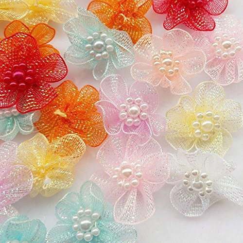 Chenkou Craft Mix Lots Organzaband, Blumen, Schleifen mit Perlen, Applikationen, Hochzeitshandwerk, 28 mm (A0020), 40 Stück von Chenkou Craft