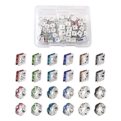 Cheriswelry 100 Stück Messing-Strass-Abstandshalter-Perlen, quadratisch, kristallklar, Abstandshalter, Charms, versilbert, für DIY-Schmuck, Armbandherstellung von Cheriswelry