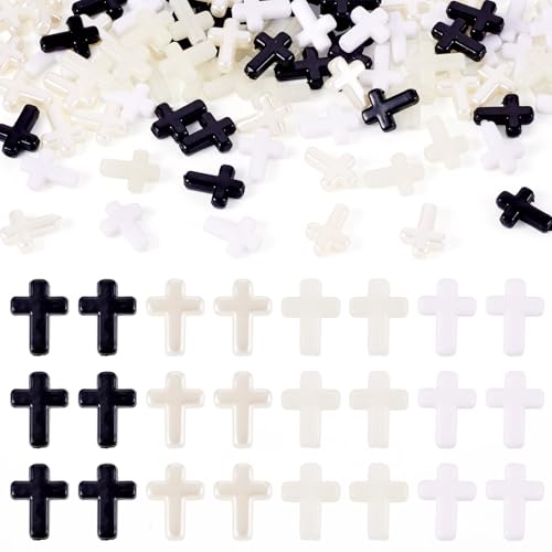 Cheriswelry 100 Stück leuchtende schwarze Kreuz-Acrylperlen, leuchten im Dunkeln, weiße Kruzifix-Charms, Abstandshalter, Perlen für DIY-Armbänder, Halsketten, Schmuckherstellungszubehör von Cheriswelry