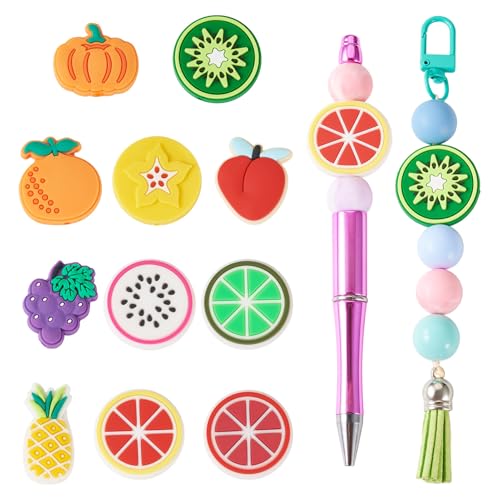 Cheriswelry 11 Stück Obst-Acrylperlen zur Schmuckherstellung, niedliche Erdbeere, Orange, Traube, Kunststoffperlen, Stift, Armband, lose Abstandshalter, 24,5–29 mm, für DIY-Halsketten, von Cheriswelry