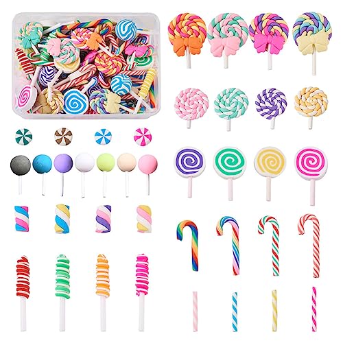 Cheriswelry 140 Stück Polymer-Ton, Süßigkeiten-Lollipop-Cabochons, Charms mit flacher Rückseite, Schleim-Perlen für Bastelarbeiten, Scrapbooking, Heimdekoration von Cheriswelry