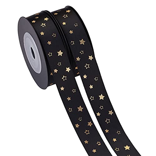 Cheriswelry 18 Meter Goldenes Sternmuster Satinband 2,5 cm einseitiges Polyester-Wickelband mit Spule für Geschenke, Haare, Basteln, Schleifen, Weihnachten von Cheriswelry