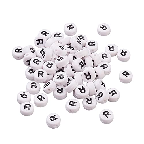 Cheriswelry 200 Stück Acryl Alphabet Buchstabe R Perlen 7 mm flach rund weiß Münze Spacer Perlen Charms für Nachrichten, Armband, Halskette, Schmuckherstellung von Cheriswelry