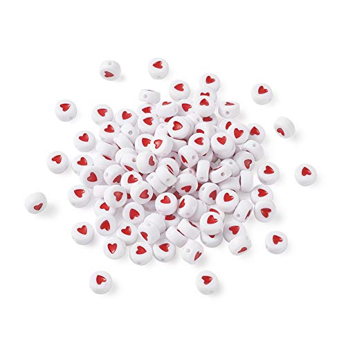 Cheriswelry 200 Stück flache runde rote Herz-Perlen aus Acryl, 7 mm, lose Abstandshalter für Schmuck- und Armbandherstellung, Loch: 1 mm von Cheriswelry