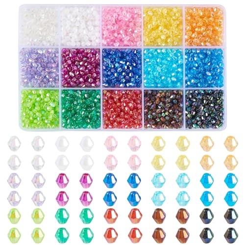 Cheriswelry 2250 Stück 4 mm Kristallperlen, Doppelkegel, facettierte Acrylperlen, 15 Farben, Regenbogenfarben, lose Abstandshalter für Halsketten, Ohrringe, Schlüsselband, Schmuckherstellung von Cheriswelry