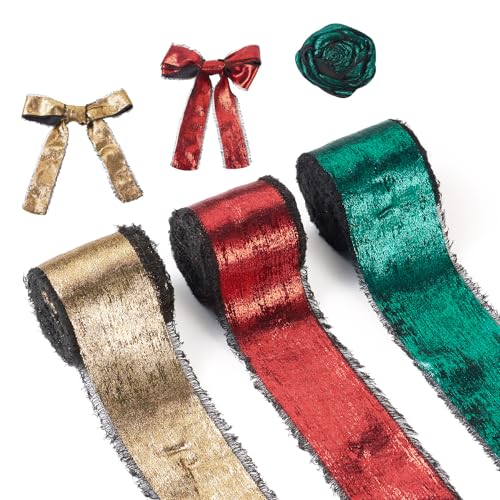 Cheriswelry 3 Rollen 3,8 cm Weihnachtsband Polyester Fransen rohe Kanten Band zum Basteln von Kränzen, Girlanden, Schleifen, Einladungen, Blumensträuße von Cheriswelry