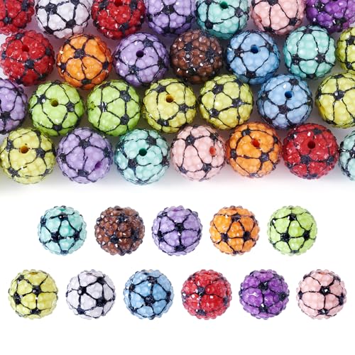 Cheriswelry 30 Stück Kristall-Strass-Perlen, 20 mm, rund, klobig, Kaugummi-Perlen, Fußball, lose Abstandshalter, Sportperlen für DIY-Armbänder, Ohrringe, Schmuckherstellung von Cheriswelry