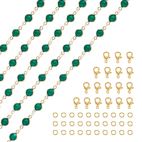 Cheriswelry 5 m grüne Glas-Strass-Ketten, Kristallglas-Perlen, Gliederkette, Karabinerverschlüsse, Messing-Binderinge, goldfarben, für DIY-Schmuckherstellung, Armband, Halskette von Cheriswelry