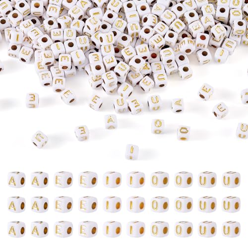 Cheriswelry 500 Stück würfelförmige Buchstaben-Alphabet-Perlen mit goldenem Vokalbuchstaben, Acryl, quadratisch, Pony-Perlen, Abstandshalter 4,5 mm, für DIY-Schmuckherstellung, Armband, Halskette, von Cheriswelry