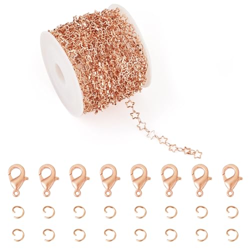 Cheriswelry 5M Sternketten Roségold Sterne Gliederketten Metall Gelötete Dekorative Ketten mit 40 Stück Biegeringe 20 Stück Karabinerverschlüsse für Halskette Choker Armband Damen Herren von Cheriswelry