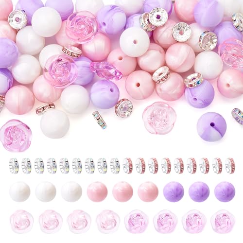 Cheriswelry 75-teiliges rosa Silikon-Perlen-Set, Blumenform, Rosenperlen, Charms, 15 mm, runde Kugeln, Abstandshalter, Großpackung für selbstgemachte Armbänder, Stifte, Schmuckherstellung von Cheriswelry