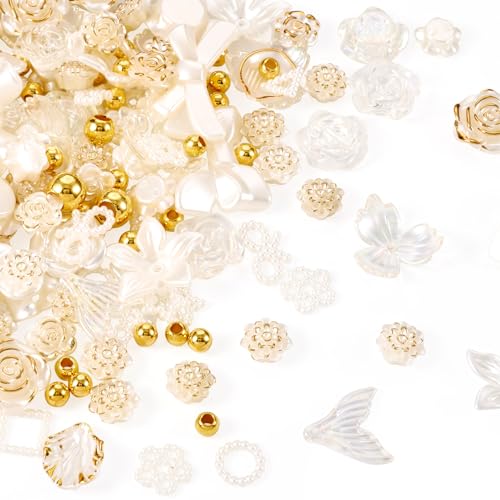 Cheriswelry 90 Stück transparente 3D-Blumen-Acrylperlen, transparent, hellgoldene Schleifen, Schleifen, weiße Charms, elegant, klassisch, Großpackung für DIY-Ohrringe, Armbänder, Schmuckherstellung von Cheriswelry