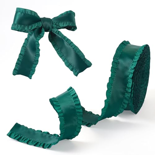 Cheriswelry Doppeltes Rüschenband, 4,8 cm, 9,1 m, Satin-Spitzenrand, gerafftes Weihnachtsband zum Nähen von Stoff, Hochzeit, Party, DIY-Zubehör (grün) von Cheriswelry