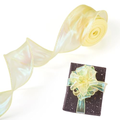 Cheriswelry Durchsichtiges Organzaband, 40 mm breit, 9,1 m, schimmerndes Chiffon-Stoffband zum Nähen, für Blumensträuße, Geschenkverpackungen, Basteln, Schleifen, Heimdekoration, Gelb von Cheriswelry