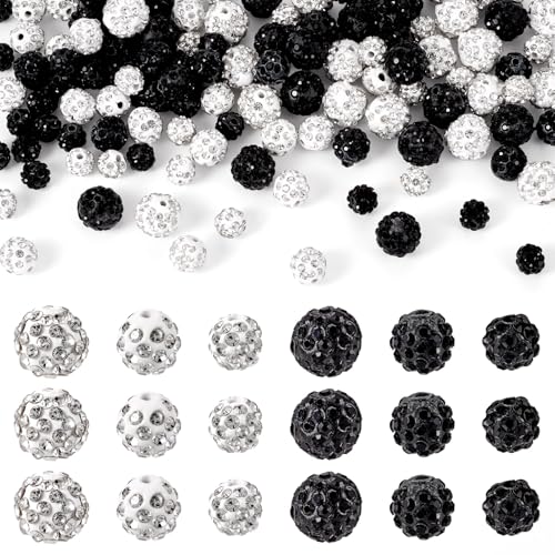 Cheriswelry Glitzer-Discokugeln, 8–12 mm, schwarz-weiß, 120 Stück, Pavé-Fassung, Strass, Polymer-Ton, Perlen, Kaugummi, lose Abstandshalter, Großpackung für DIY-Armbänder, Schmuckherstellung von Cheriswelry