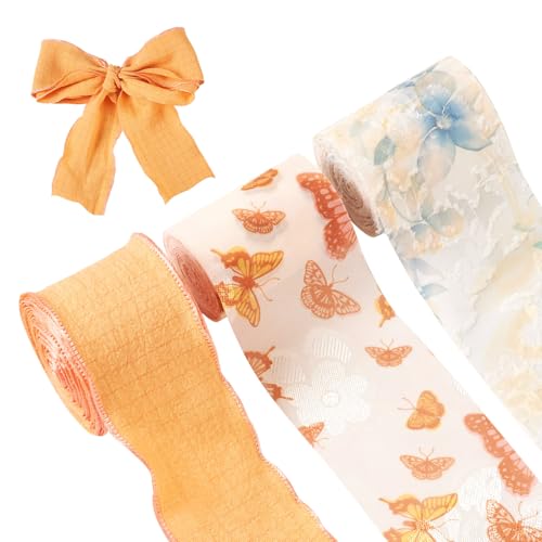 Cheriswelry Seidiges Chiffonband-Set, 4,57 m x 3 Rollen, Stoff Polyesterband für Hochzeitseinladungen, Brautblumensträuße, Party-Dekoration, Schleifen, Geschenkverpackungen von Cheriswelry