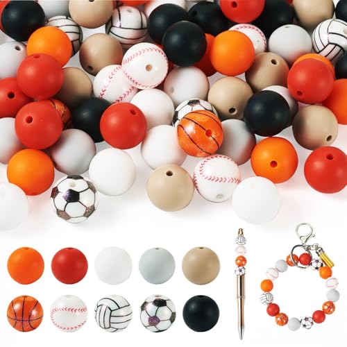 Cheriswelry Silikonperlen für Basketball, Baseball, Fußball, runde Gummibälle, für Halsketten, Armbänder, Ohrringe, Schlüsselanhänger, Schmuckherstellung, 80 Stück von Cheriswelry