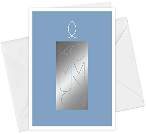 CherryCards FRUITPRINTS 20er Set Einladungskarten & Umschläge - Kommunion Kerze & Fisch - Klappkarten Format A6 - mit Heißfolienprägung (Silber) von CherryCards