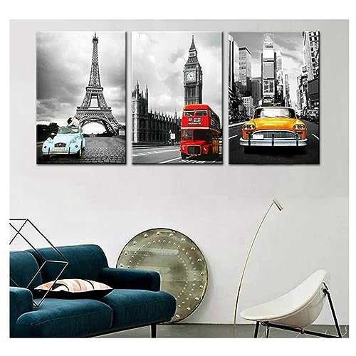 3 Teilig DIY 5D Diamant Malerei Kits Pariser Stadtautolandschaft Diamant Kreuzstich Malerei,Vollbohrer Diamantkunst Mosaikherstellung,DIY Diamond Painting Bilder Basteln Wand Décor(Round drill)30x40cm von ChesKi