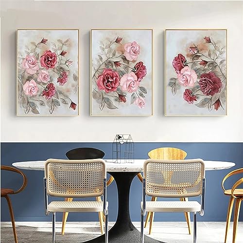 ChesKi 3 Teilig DIY 5D Diamant Malerei Kit Retro-Blumen-Rosen-Pfingstrose Diamant Kreuzstich Malerei,Vollbohrer Diamantkunst Mosaikherstellung,DIY Diamond Painting Bilder Basteln Wand Décor 30x40cm von ChesKi