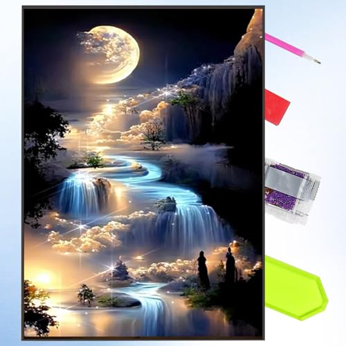 Cheukka Diamond Painting Set,Mond Wasserfall 5D Diamant Painting Bilder,Mond Wasserfall Diamond Painting,DIY Mosaikherstellung Diamond Art Diamant Malerei für Erwachsene Kinder,Haus Wanddeko 30x40cm von Cheukka