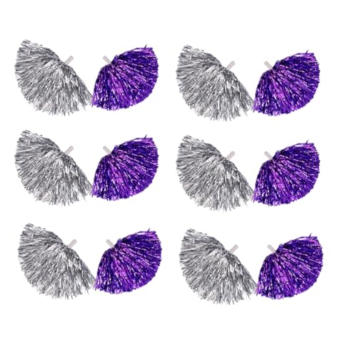 12PCS Cheerleading Pom Poms, Metallfolie Kunststoff Pom Poms Mit Baton Griff, Cheer Pom Poms Für Team Spirit Sport Party Cheering Tanzen Party (Lila-Silber,Groß) von CheungYee