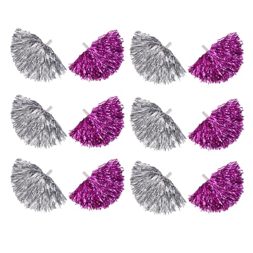 12PCS Cheerleading Pom Poms, Metallfolie Kunststoff Pom Poms Mit Baton Griff, Cheer Pom Poms Für Team Spirit Sport Party Cheering Tanzen Party (Rose,Groß) von CheungYee