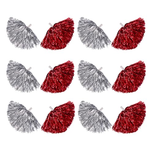 12PCS Cheerleading Pom Poms, Metallfolie Kunststoff Pom Poms Mit Baton Griff, Cheer Pom Poms Für Team Spirit Sport Party Cheering Tanzen Party (Rot,Mittel) von CheungYee