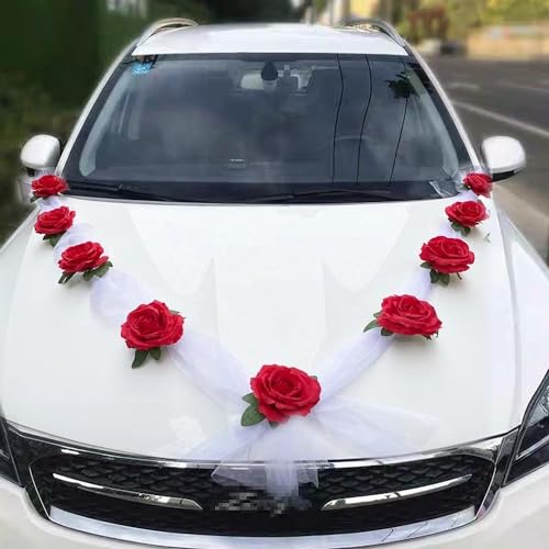 Autoschmuck Hochzeit, Hochzeitsauto Dekorationsset, Car Wedding Girlande, Blumenschmuck Auto Hochzeit, DIY Weiß Gaze Rot Rosen dekoration Set, Auto Schmuck Hochzeit mit 9 Rosen, 2x1.6 m Gaze, Rot+weiß von Chexin