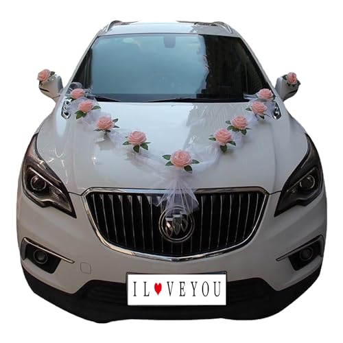 Autoschmuck Hochzeit, Hochzeitsauto Dekorationsset,Car Wedding Girlande,Blumenschmuck Auto Hochzeit,DIY Weiß Gaze Rosendekoration Set, Auto Schmuck Hochzeit mit 9 Rosen,2 x 1.6 m Lange,Champagner-Rosa von Chexin