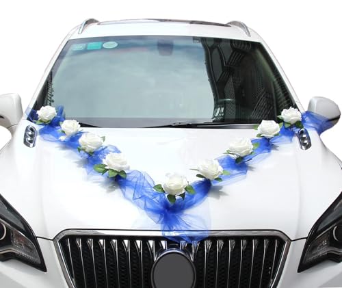 Autoschmuck Hochzeit,Hochzeitsauto Dekorationsset, Car Wedding Girlande, Blumenschmuck Auto Hochzeit, DIY Blau Gaze Weiß Rosen Dekoration Set,Auto Schmuck Hochzeit mit 9 Rosen,2x1.6 m Gaze,Blau+Weiß von Chexin