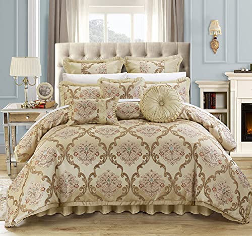 Chic Home 9 Stück Aubrey Decorator Hochwertiger Jacquard Scroll Möbelstoff, Schlafzimmer Tröster Set & Kissen Ensemble, Queen, beige von Chic Home